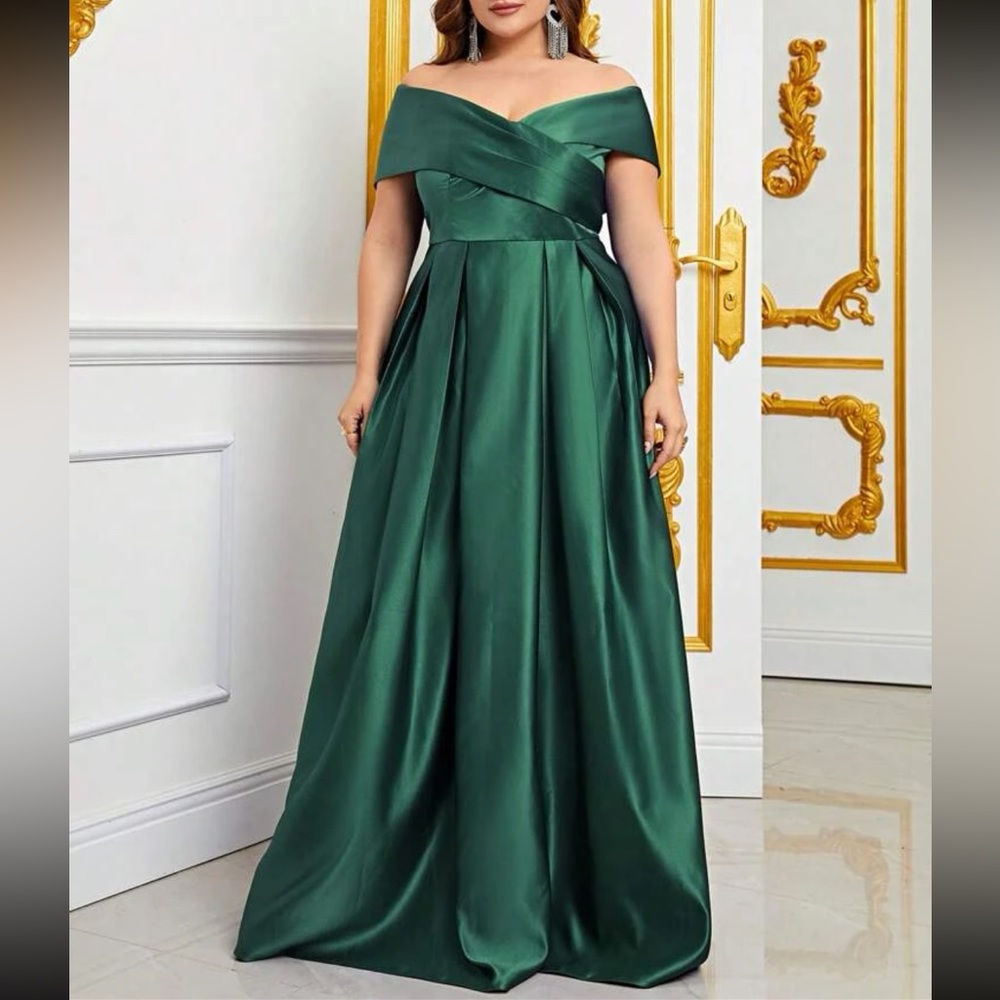 Off shoulder pleated formal satin gown